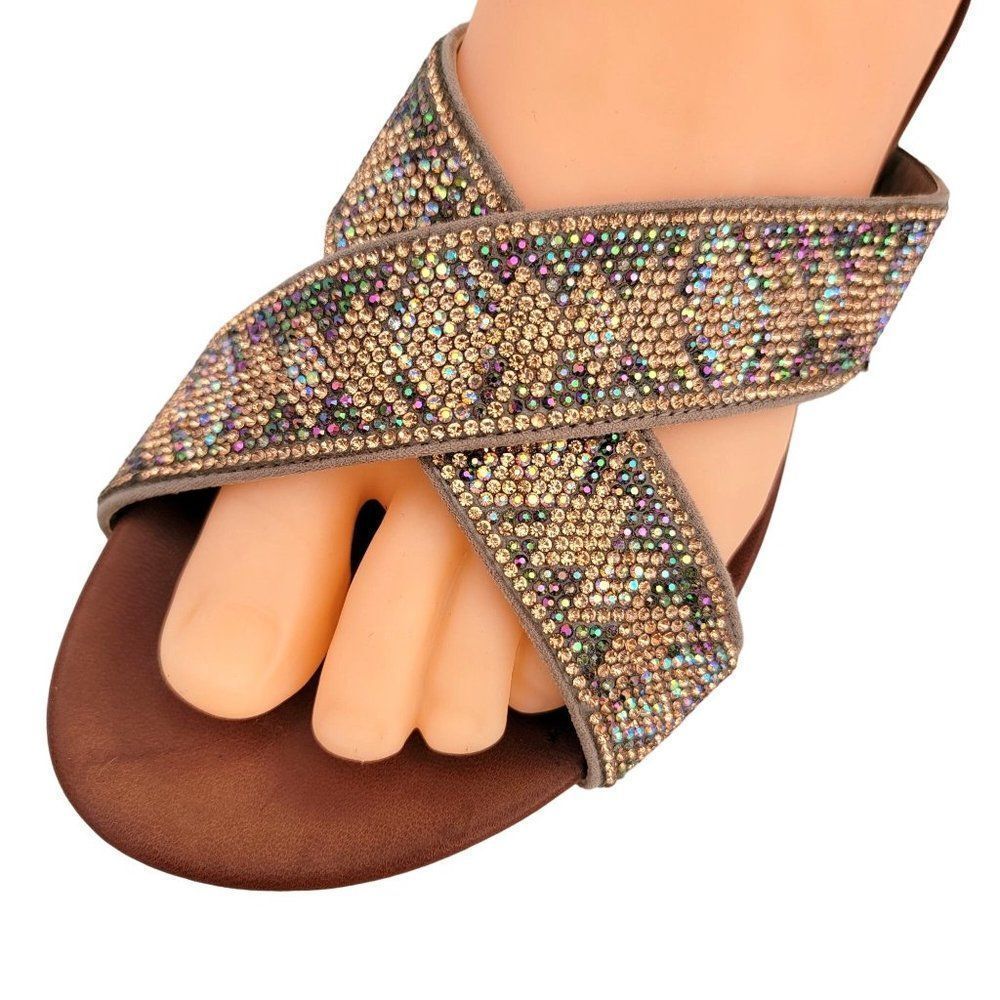 Yellowbox Sandals Bali Womens 6.5 Flat Slides Metallic Rhinestone‎ Bling Slip On